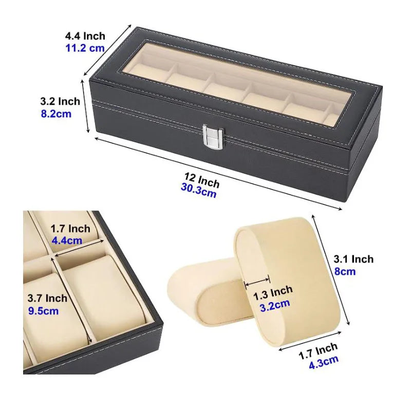 6 Slot PU Leather Watch Box – Glass Top Jewelry Organizer & Display Case