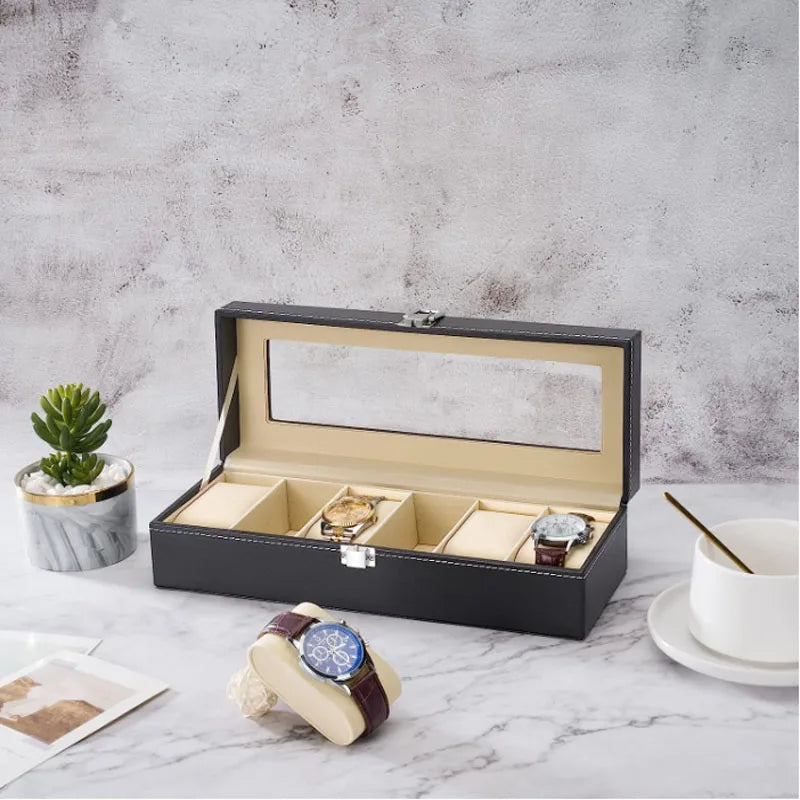 6 Slot PU Leather Watch Box – Glass Top Jewelry Organizer & Display Case