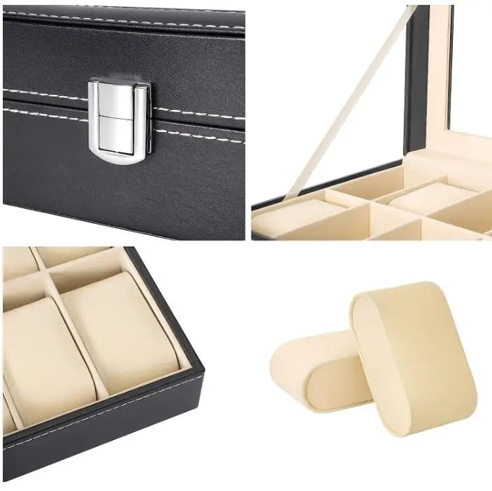 6 Slot PU Leather Watch Box – Glass Top Jewelry Organizer & Display Case