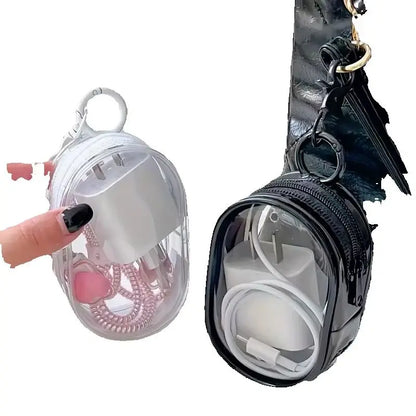 Mini Portable Clear Zipper Storage Bag Space-Saving Organizer with Keychain Loop for Earphones Chargers Versatile Travel Accessory