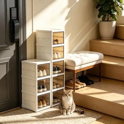 3/6 tier stackable shoe boxes with transparent doors, foldable shoe storage cabinet, slim shoe rack suitable for closet, hallway, or bedroom, white