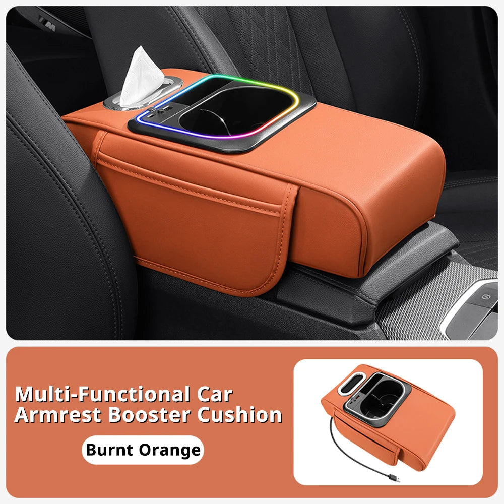 Car Armrest Cushion Center Console Storage Organizers Seat Cover Cup Holder Tissue Box Phone Slot Fast Charger Ambient LED Light