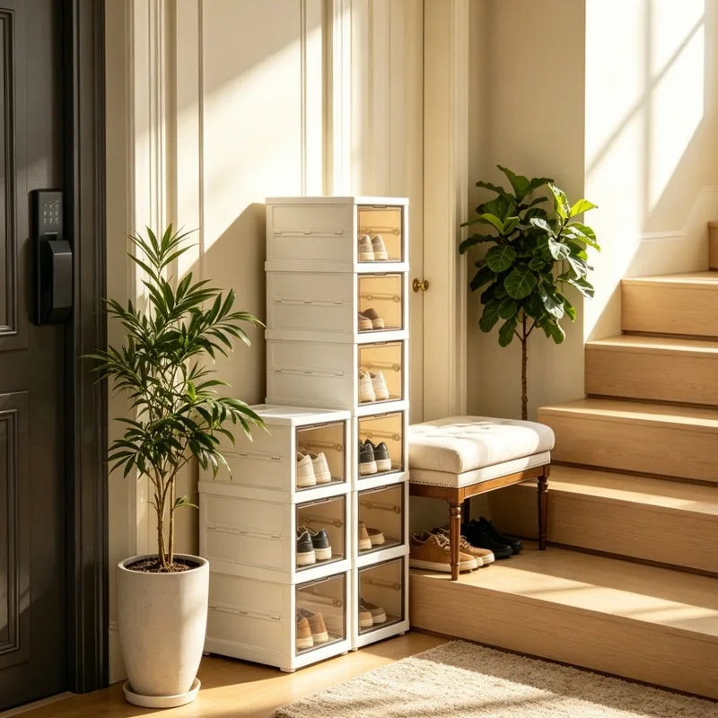 3/6 tier stackable shoe boxes with transparent doors, foldable shoe storage cabinet, slim shoe rack suitable for closet, hallway, or bedroom, white
