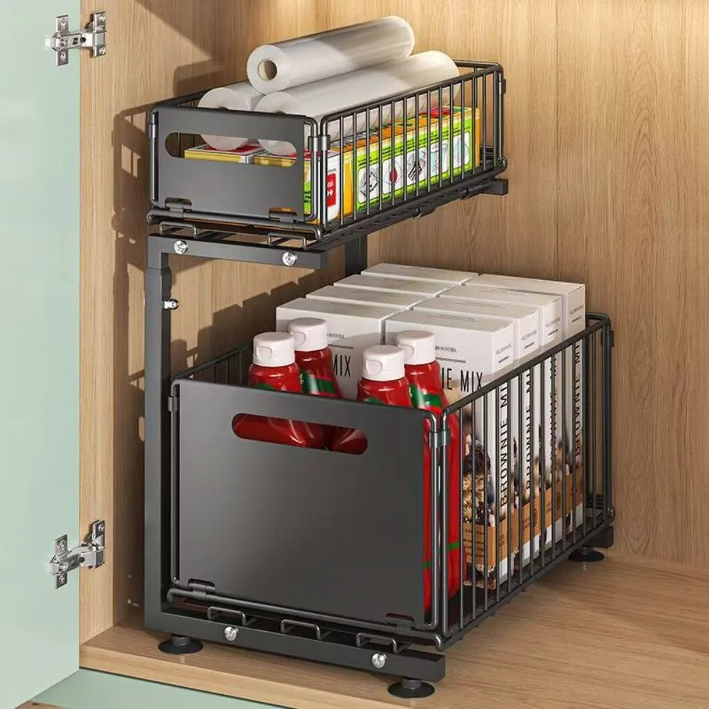 Under Sink Organizer 2-Tier Pull Out Cabinet Storage Rack, L-Shaped Foldable Shelf for Kitchen Bathroom, Space Saver with Adjustable Drawers, Black Carbon Steel