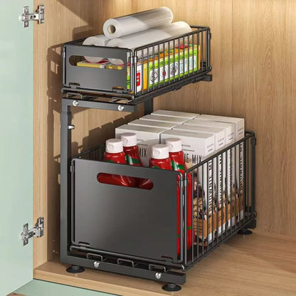 Under Sink Organizer 2-Tier Pull Out Cabinet Storage Rack, L-Shaped Foldable Shelf for Kitchen Bathroom, Space Saver with Adjustable Drawers, Black Carbon Steel