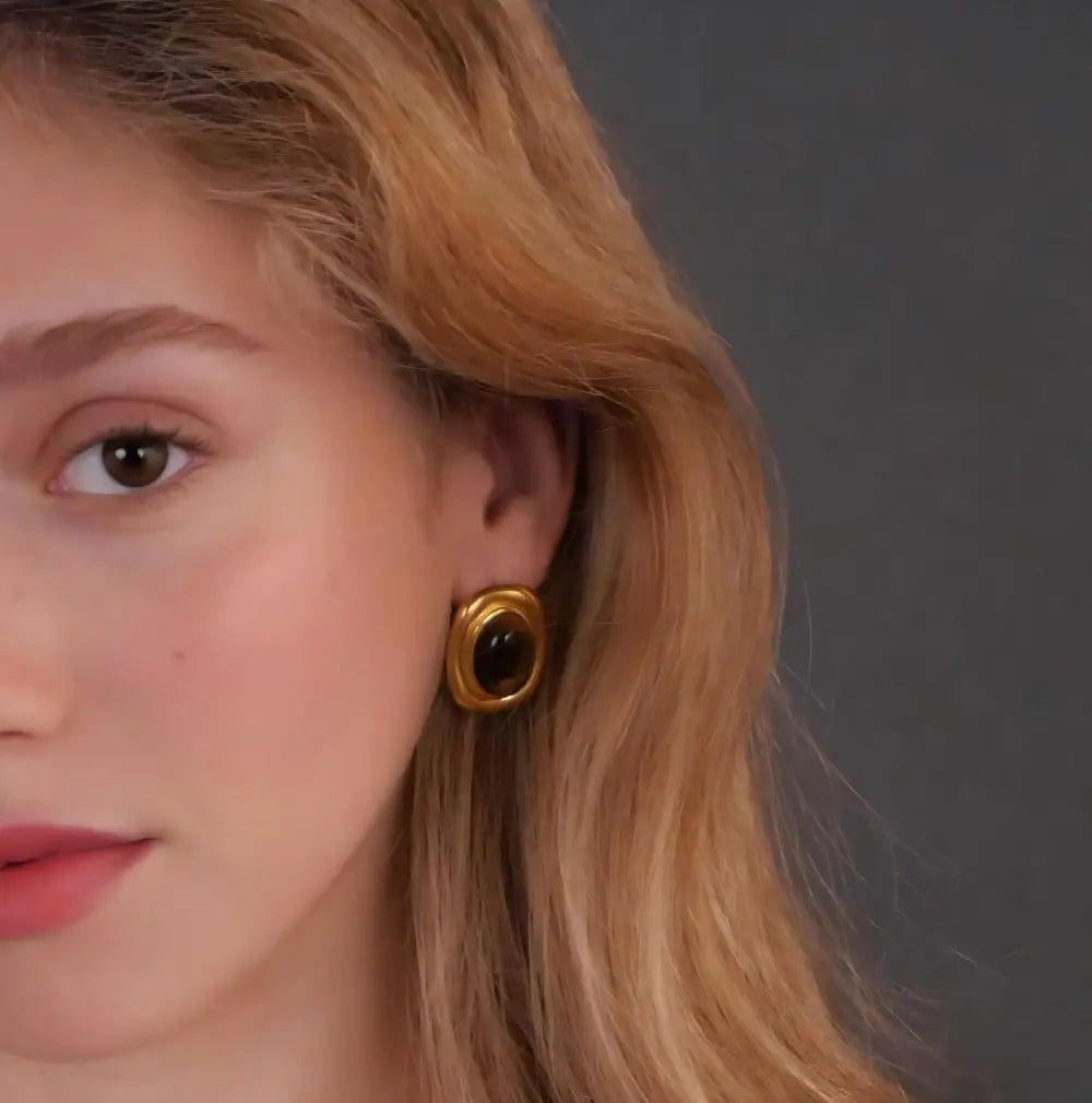 Tiger-Eye Natural Stone Earrings – 18K Gold Plated Stainless Steel, Waterproof