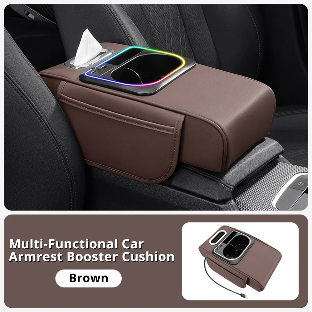 Car Armrest Cushion Center Console Storage Organizers Seat Cover Cup Holder Tissue Box Phone Slot Fast Charger Ambient LED Light
