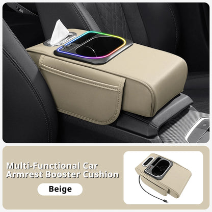 Car Armrest Cushion Center Console Storage Organizers Seat Cover Cup Holder Tissue Box Phone Slot Fast Charger Ambient LED Light
