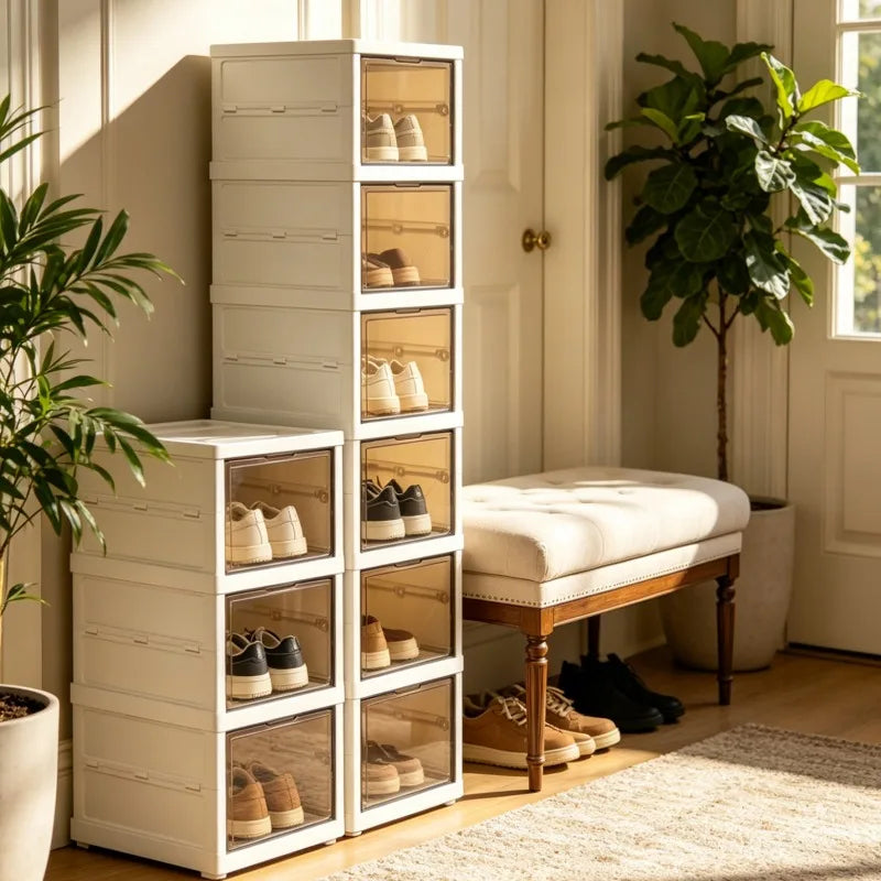 3/6 tier stackable shoe boxes with transparent doors, foldable shoe storage cabinet, slim shoe rack suitable for closet, hallway, or bedroom, white