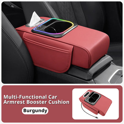 Car Armrest Cushion Center Console Storage Organizers Seat Cover Cup Holder Tissue Box Phone Slot Fast Charger Ambient LED Light