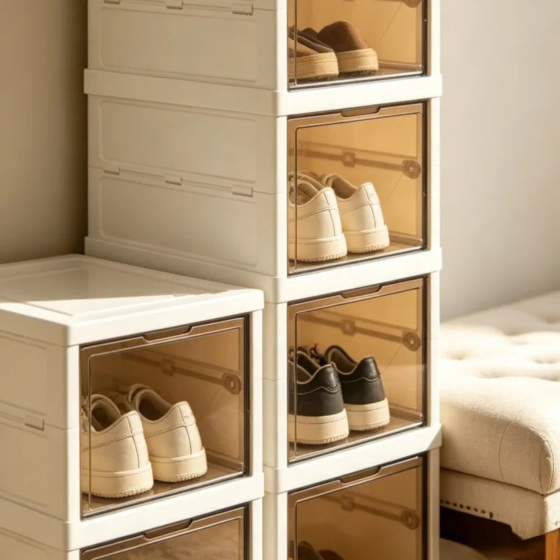 3/6 tier stackable shoe boxes with transparent doors, foldable shoe storage cabinet, slim shoe rack suitable for closet, hallway, or bedroom, white