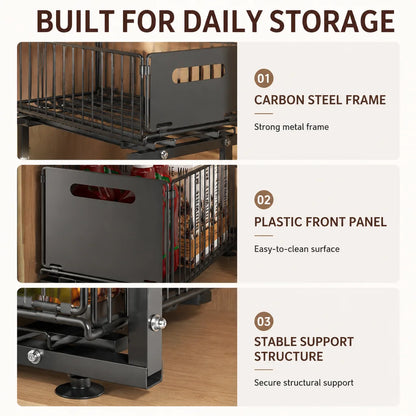 Under Sink Organizer 2-Tier Pull Out Cabinet Storage Rack, L-Shaped Foldable Shelf for Kitchen Bathroom, Space Saver with Adjustable Drawers, Black Carbon Steel