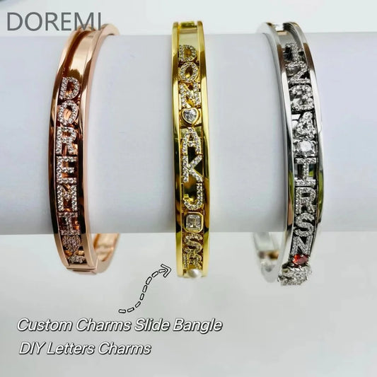 DOREMI Personalized Charms Slide Bangle – English Letters, 12 Birthstone Charms, Heart & Star Design, Customizable Bangle