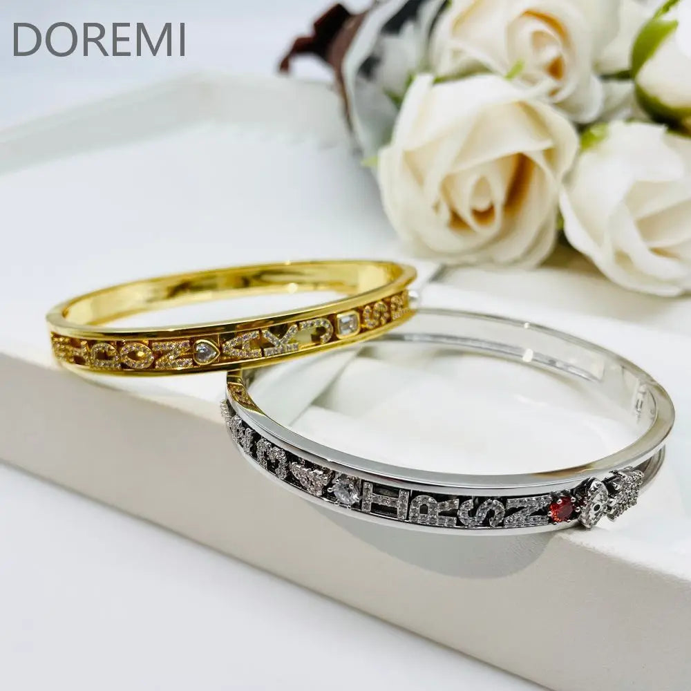 DOREMI Personalized Charms Slide Bangle – English Letters, 12 Birthstone Charms, Heart & Star Design, Customizable Bangle