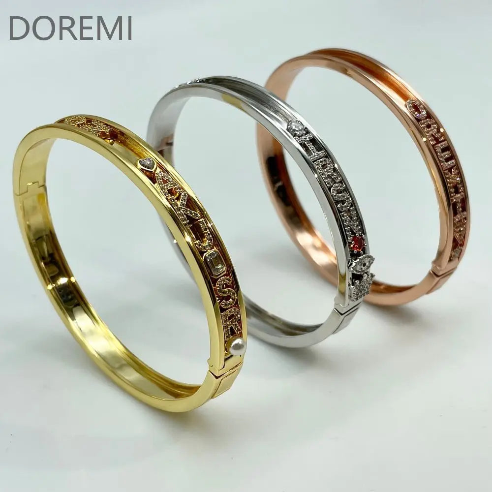 DOREMI Personalized Charms Slide Bangle – English Letters, 12 Birthstone Charms, Heart & Star Design, Customizable Bangle