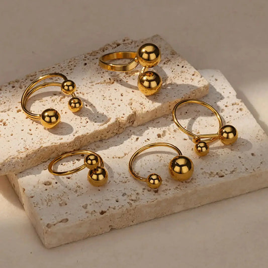 Exaggerated Stainless Steel Bead Ball Ring – Adjustable Gold Color Waterproof Ring for Women & Men