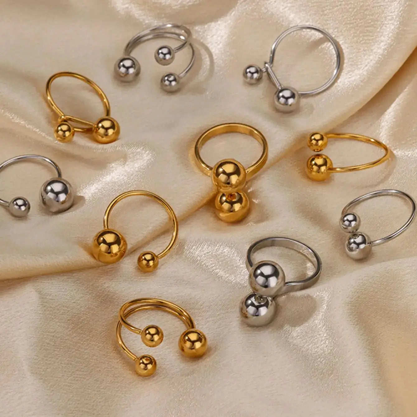 Exaggerated Stainless Steel Bead Ball Ring – Adjustable Gold Color Waterproof Ring for Women & Men