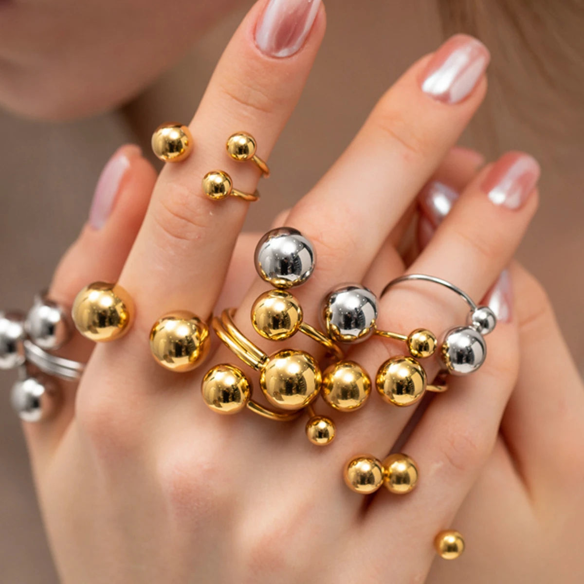 Exaggerated Stainless Steel Bead Ball Ring – Adjustable Gold Color Waterproof Ring for Women & Men