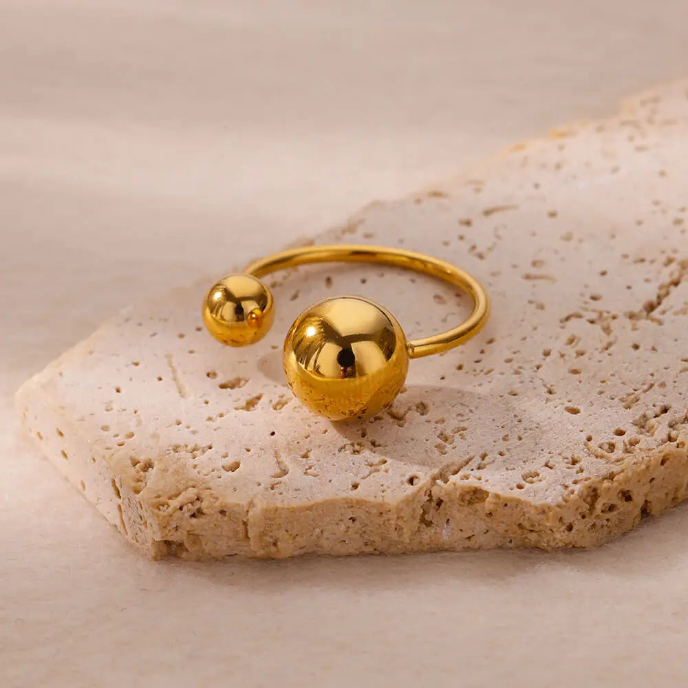 Exaggerated Stainless Steel Bead Ball Ring – Adjustable Gold Color Waterproof Ring for Women & Men