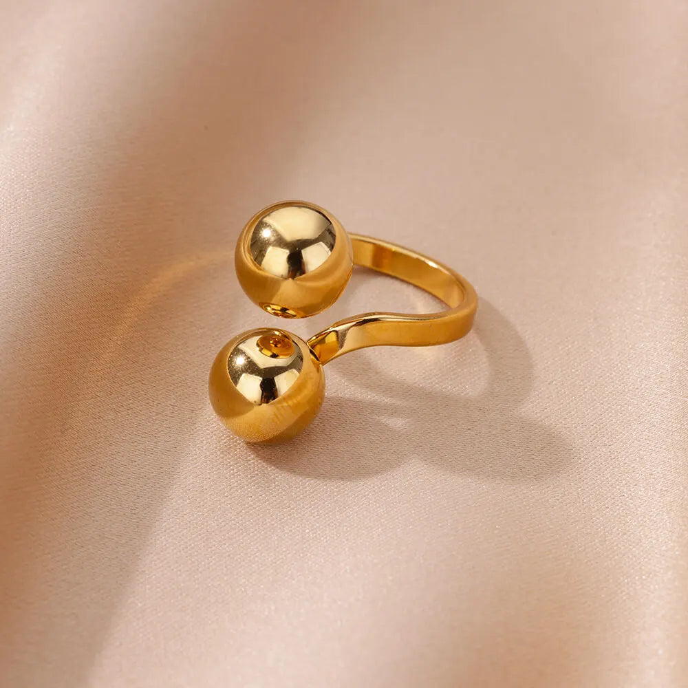 Exaggerated Stainless Steel Bead Ball Ring – Adjustable Gold Color Waterproof Ring for Women & Men