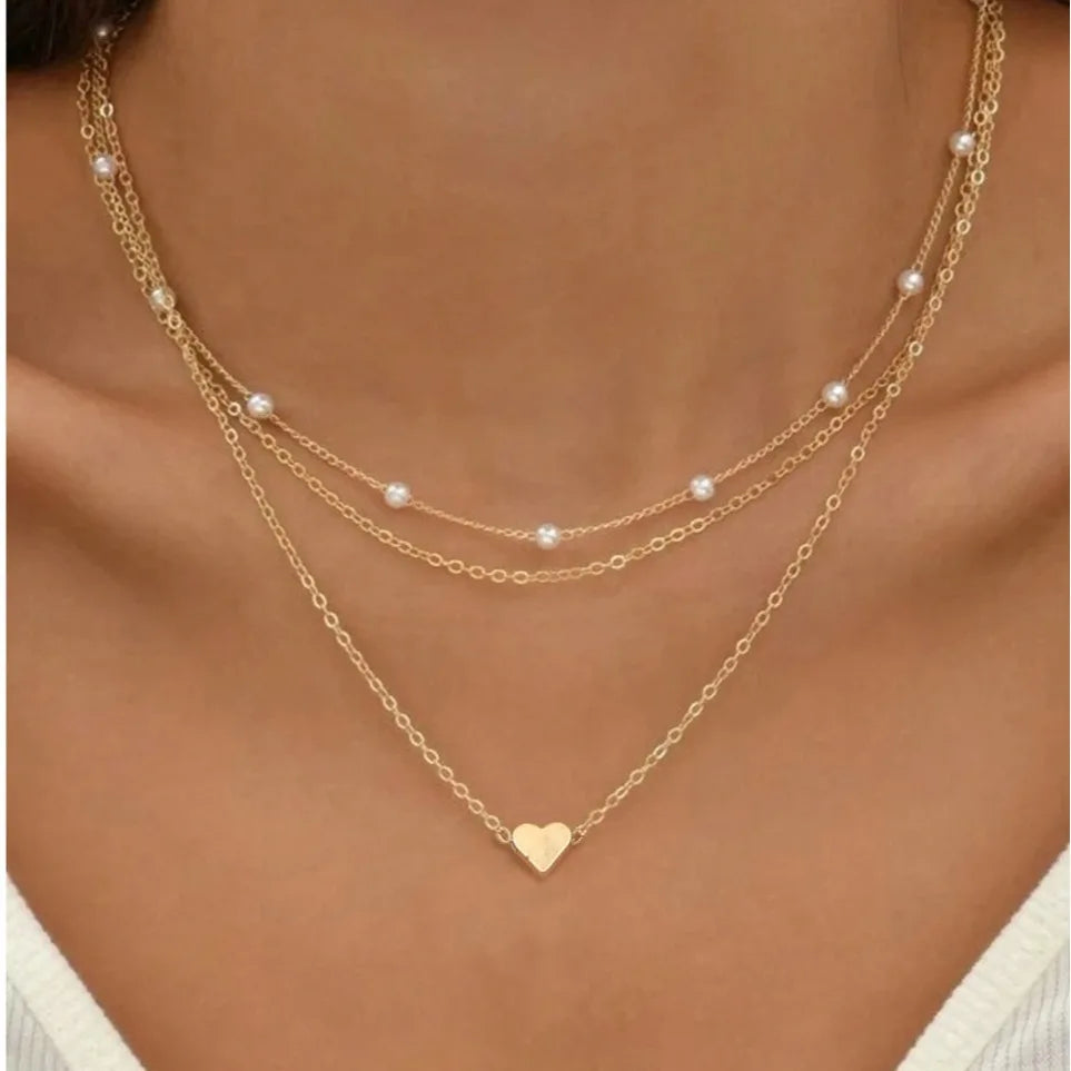 FTCY 3pcs Women's Pearl Necklace Set – 14K Gold Love Heart Pendant, Waterproof Hypoallergenic Collarbone Neck Chain Jewelry