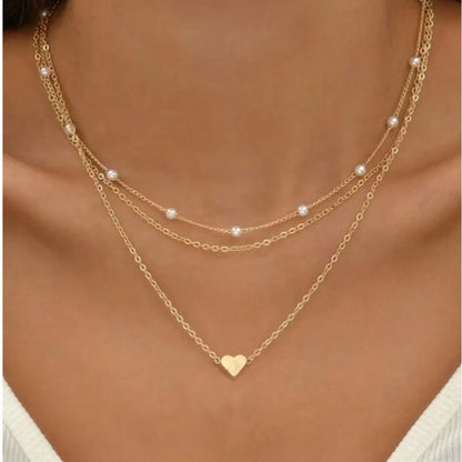 FTCY 3pcs Women's Pearl Necklace Set – 14K Gold Love Heart Pendant, Waterproof Hypoallergenic Collarbone Neck Chain Jewelry