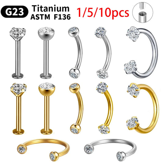 G23 Titanium Piercings Labret Stud Kit – 1/5/10pcs Lip, Nose, Eyebrow, and Cartilage Body Jewelry