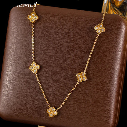 GANEMLY Clover Flower Zircon Necklace – 316L Stainless Steel Waterproof