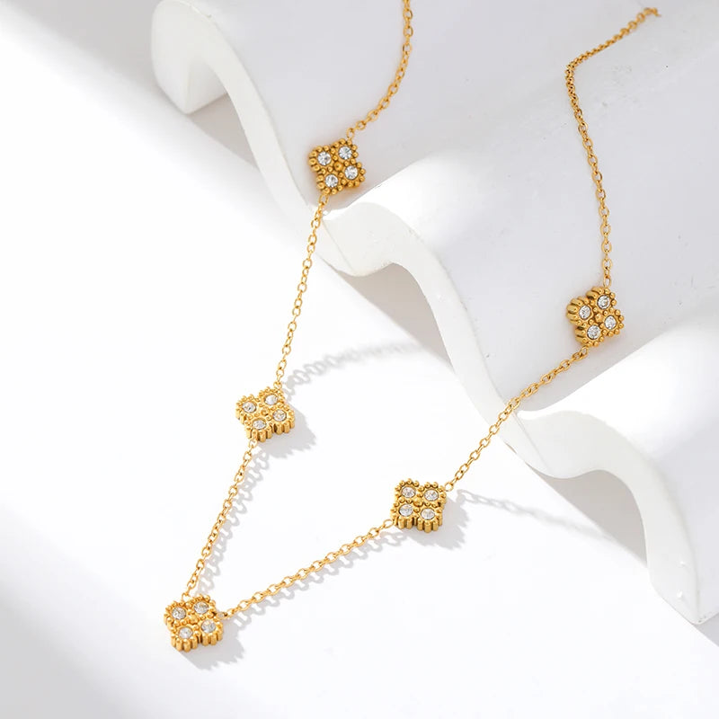 GANEMLY Clover Flower Zircon Necklace – 316L Stainless Steel Waterproof