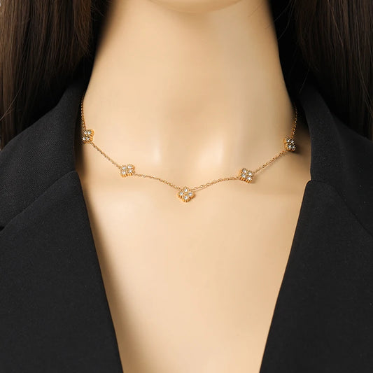 GANEMLY Clover Flower Zircon Necklace – 316L Stainless Steel Waterproof