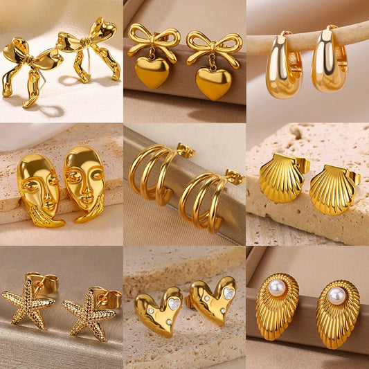 Gold Plated Stainless Steel Geometric Claw Earrings - Starfish & Heart Studs for Women, Waterproof Fashion Jewelry Gift