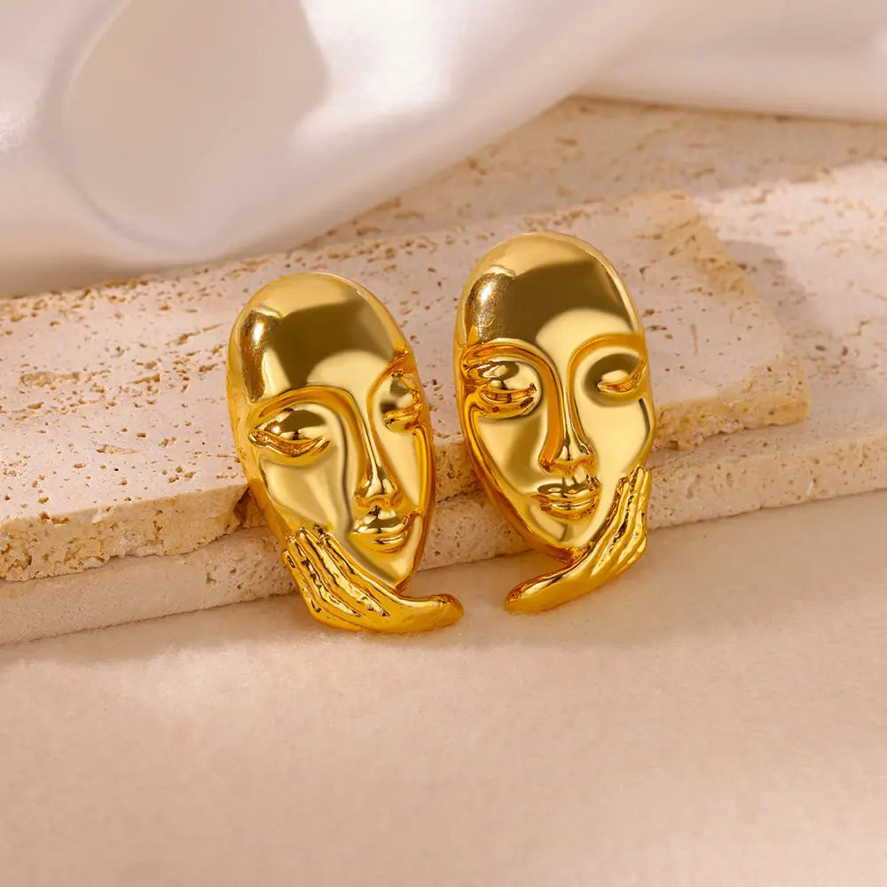 Gold Plated Stainless Steel Geometric Claw Earrings - Starfish & Heart Studs for Women, Waterproof Fashion Jewelry Gift
