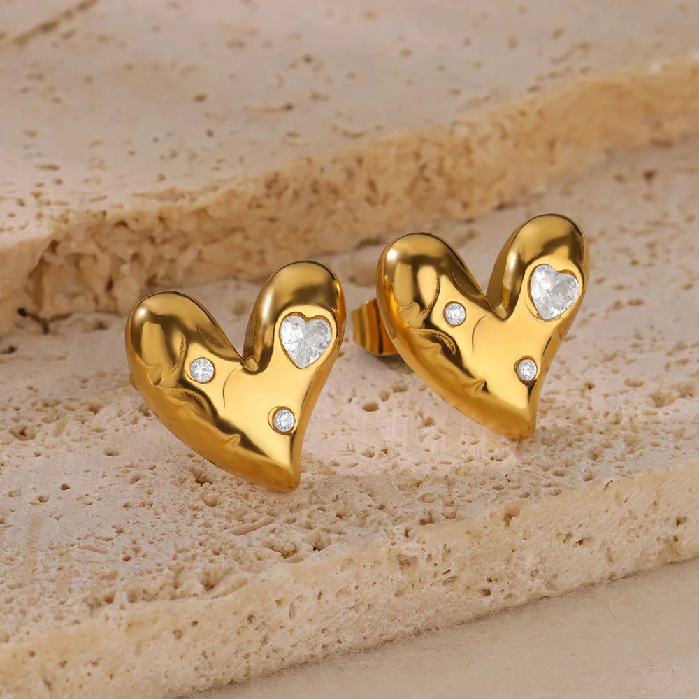 Gold Plated Stainless Steel Geometric Claw Earrings - Starfish & Heart Studs for Women, Waterproof Fashion Jewelry Gift