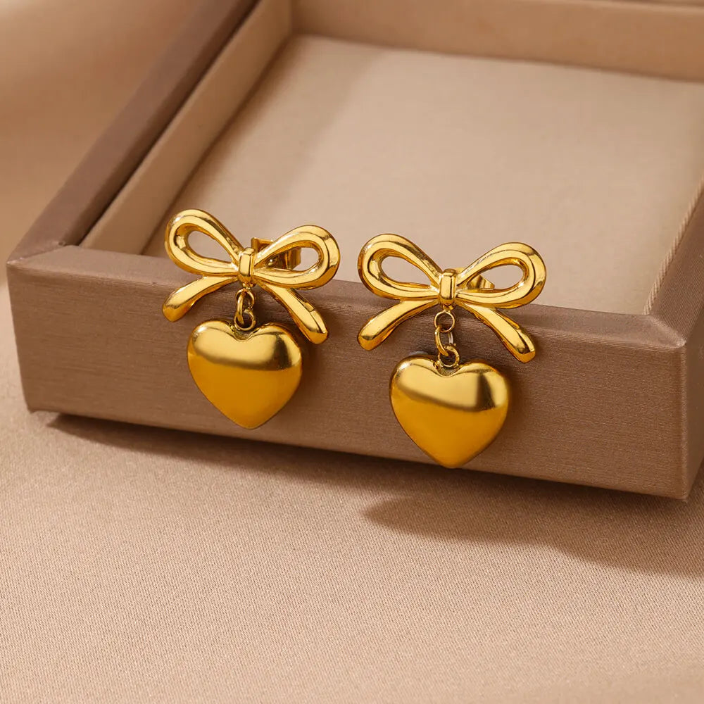Gold Plated Stainless Steel Geometric Claw Earrings - Starfish & Heart Studs for Women, Waterproof Fashion Jewelry Gift