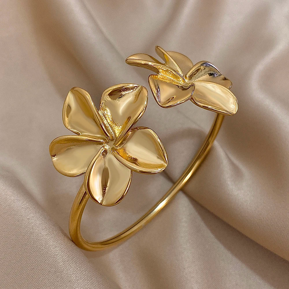Greatera Stainless Steel Double Flower Cuff Bracelet – Gold Color Waterproof