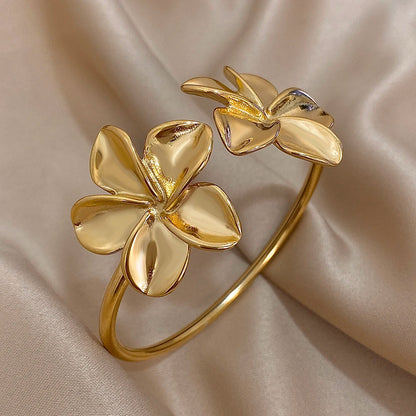 Greatera Stainless Steel Double Flower Cuff Bracelet – Gold Color Waterproof