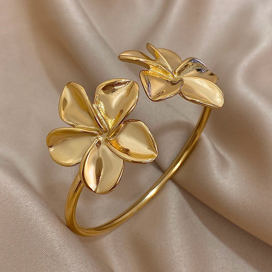Greatera Stainless Steel Double Flower Cuff Bracelet – Gold Color Waterproof