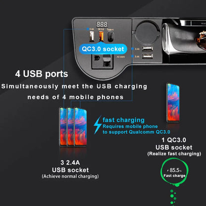 SEAMETAL Car Organizer with 12V/24V to 220V Inverter Seat Crevice Storage Box 4-USB Ports QC3.0 Fast Charging for Smartphone