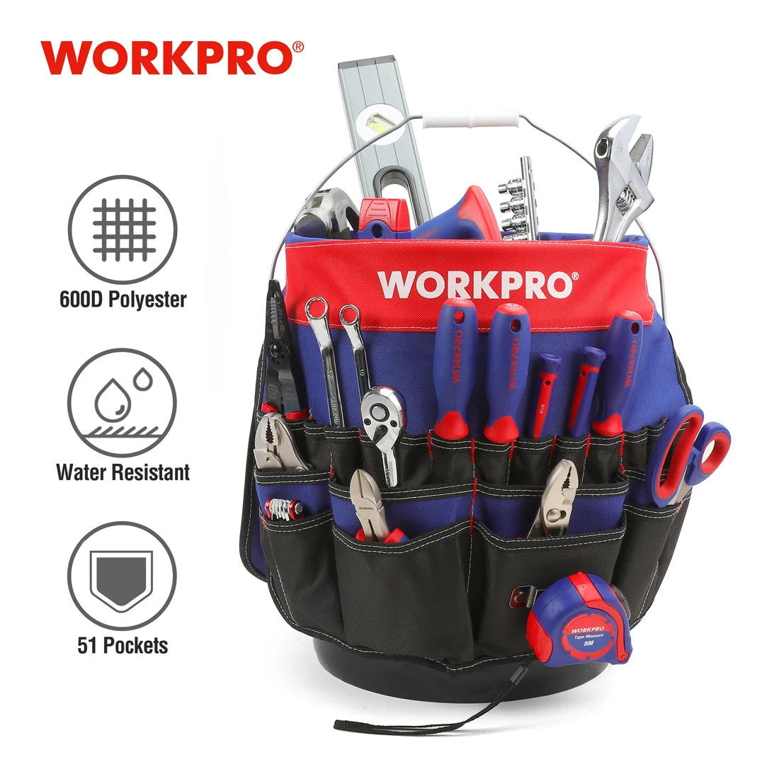 WORKPRO 5 Gallon Bucket Tool Organizer Bucket Boss Tool Bag with 51 Pockets Fits to 3.5-5 Gallon Bucket (Tools Excluded)