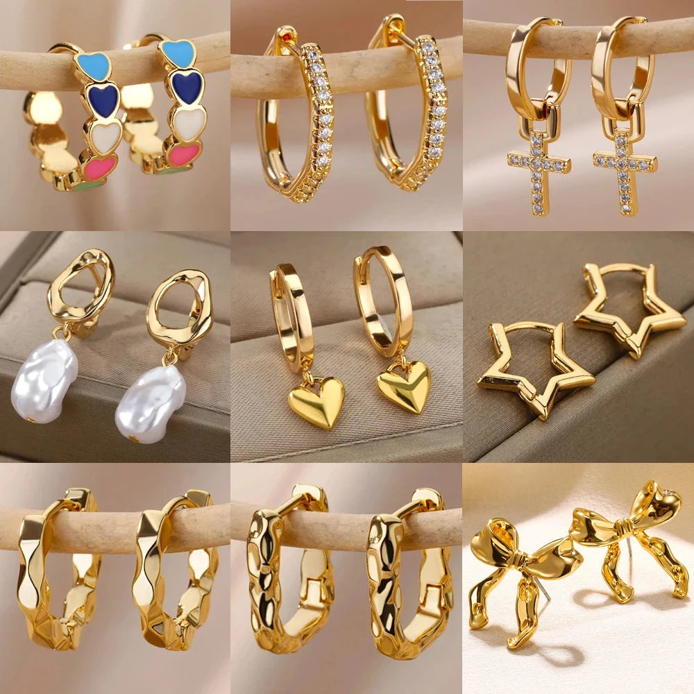 Heart Stainless Steel Earrings for Women – Gold Color Hoop Earring with Zircon, Waterproof & Trendy