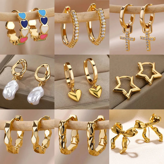Heart Stainless Steel Earrings for Women – Gold Color Hoop Earring with Zircon, Waterproof & Trendy