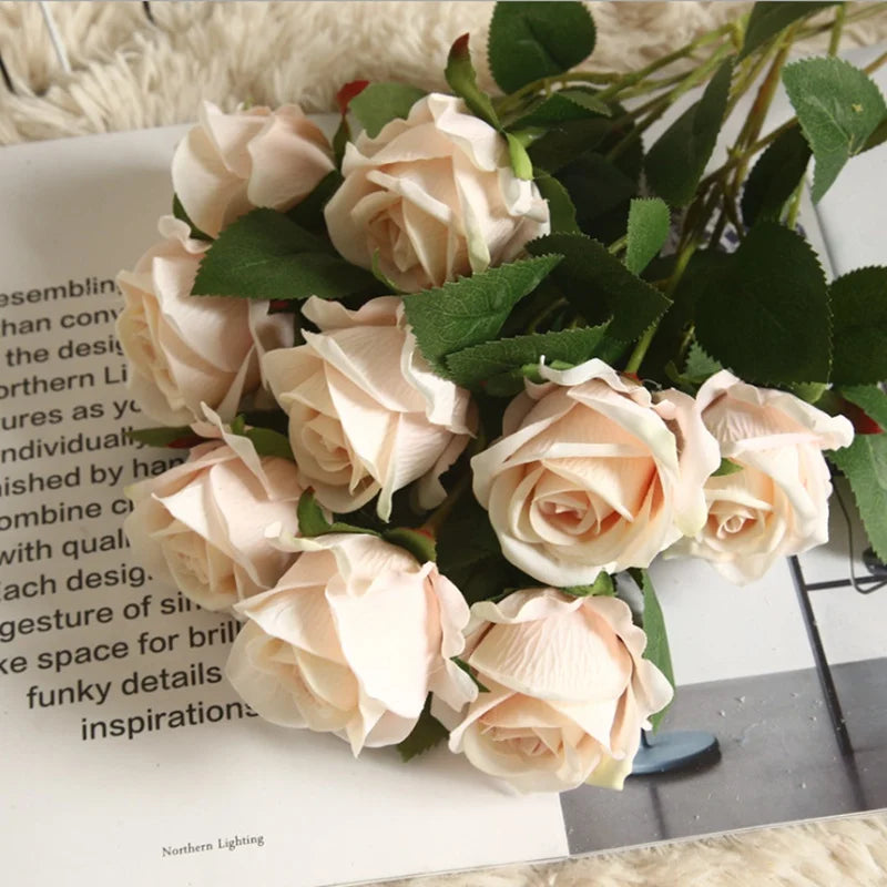 10PC Artificial Roses Bouquet Vase for Home Decoration Accessories Diy Photo Props Flowers Arrangement Dining Table Christmas