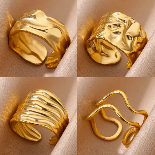 Irregular Geometric Chunky Opening Ring for Women – 18K Gold Plated Stainless Steel Wedding Jewelry, Waterproof