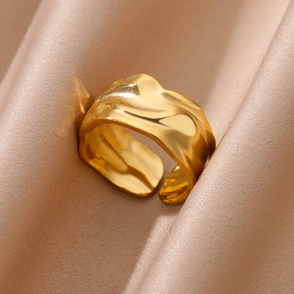 Irregular Geometric Chunky Opening Ring for Women – 18K Gold Plated Stainless Steel Wedding Jewelry, Waterproof