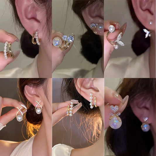 Korean Shiny Crystal & Pearl Stud Earrings – Handcrafted Rhinestone Flower & Heart Design for Women