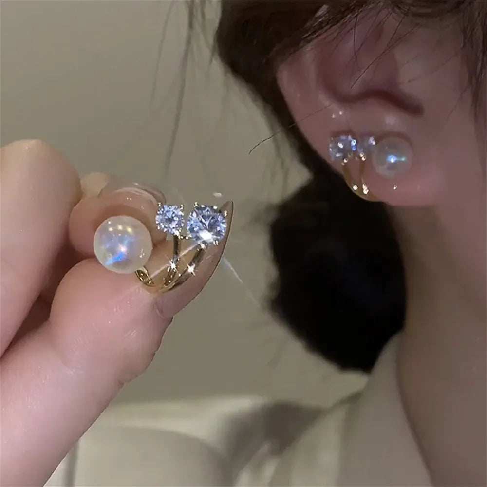 Korean Shiny Crystal & Pearl Stud Earrings – Handcrafted Rhinestone Flower & Heart Design for Women