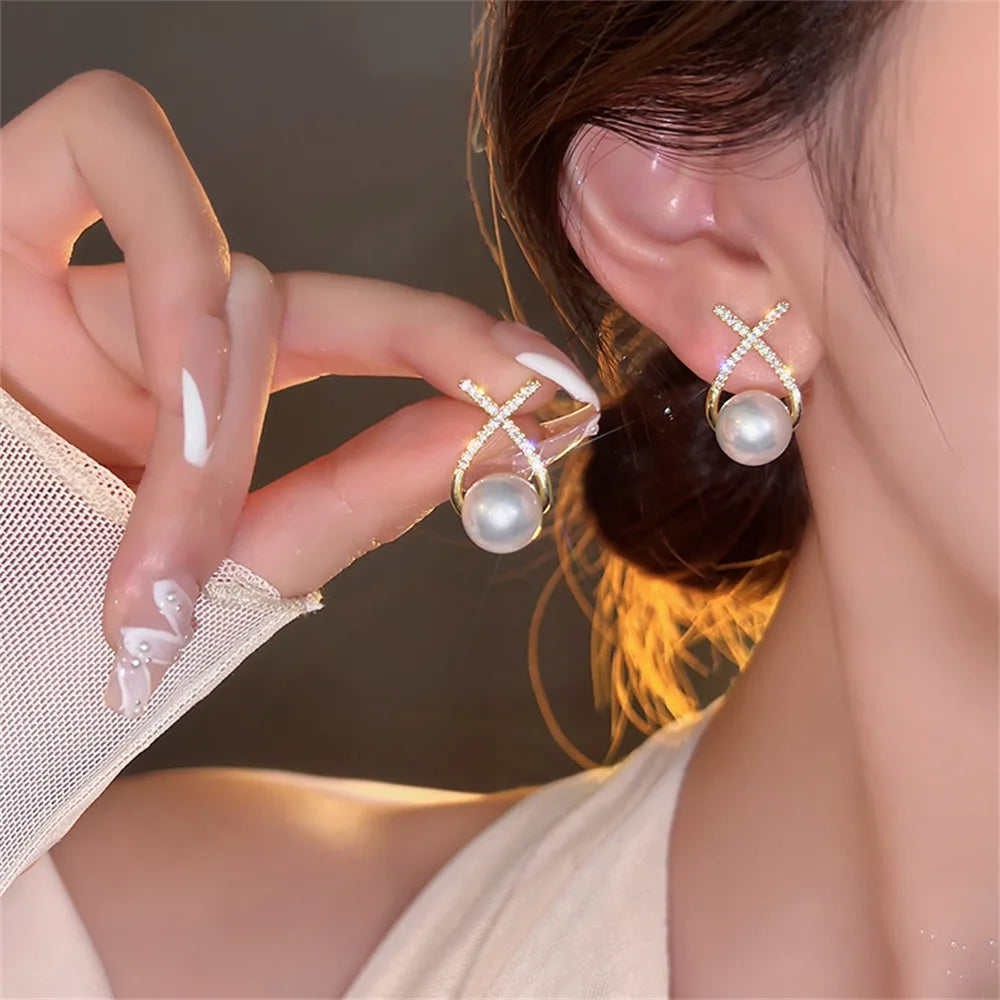 Korean Shiny Crystal & Pearl Stud Earrings – Handcrafted Rhinestone Flower & Heart Design for Women