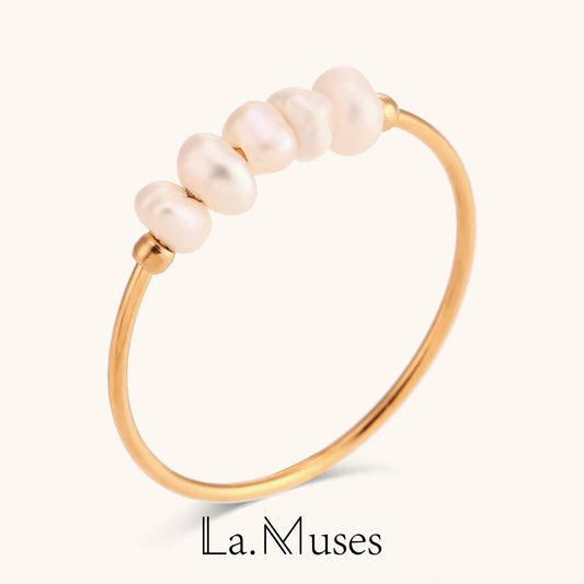 La. Muses Elegant Freshwater Pearl Stainless Steel Ring – 18K Gold Plated, Waterproof Fashion Ring for Women