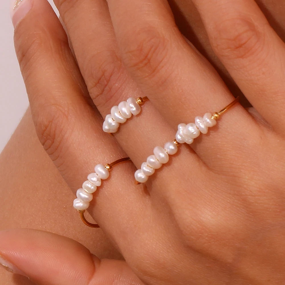 La. Muses Elegant Freshwater Pearl Stainless Steel Ring – 18K Gold Plated, Waterproof Fashion Ring for Women