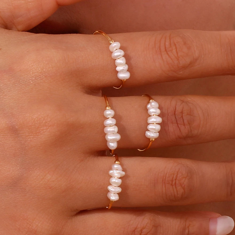 La. Muses Elegant Freshwater Pearl Stainless Steel Ring – 18K Gold Plated, Waterproof Fashion Ring for Women